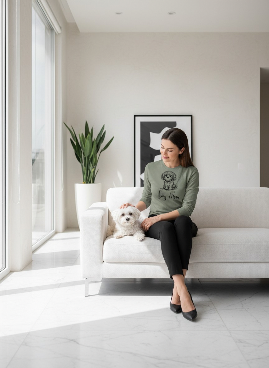 Woman sitting on a white couch with a small dog, wearing a green sweater with text and black pants, in a modern living room.