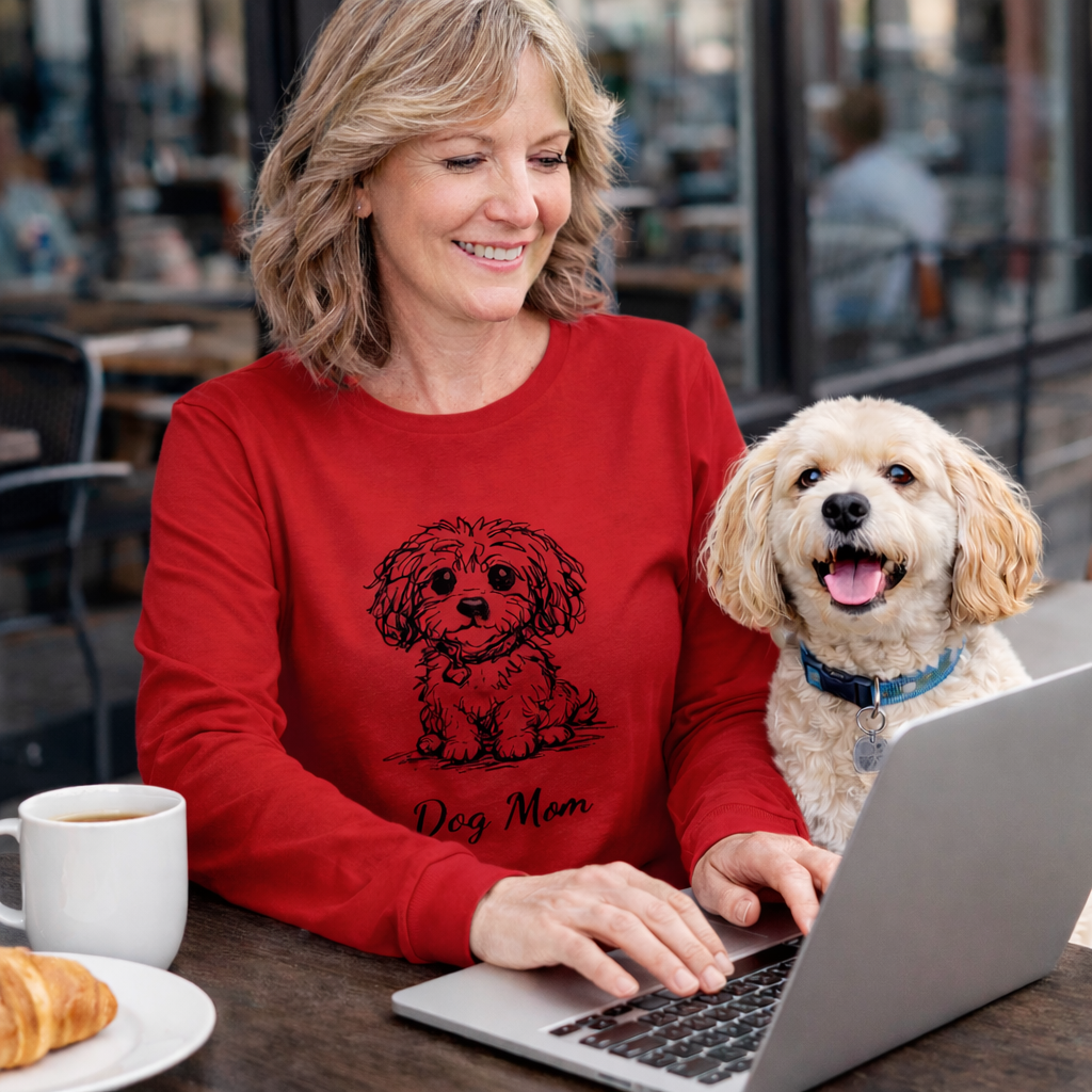 Woman in a red 'Dog Mom' sweatshirt using a laptop with a dog sitting next to her.