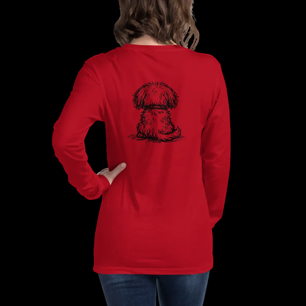 Red long-sleeve shirt with a graphic of a dog on the back, worn by a person.