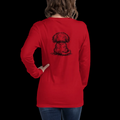 Red long-sleeve shirt with a graphic of a dog on the back, worn by a person.