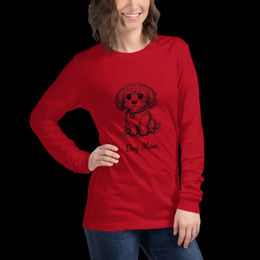 Person wearing a red long-sleeve shirt with a dog graphic and 'Dog Mom' text on a white background