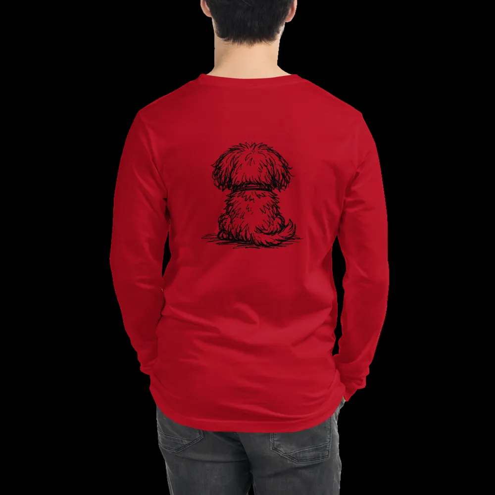 Red long-sleeve shirt with a black dog illustration on the back, worn by a person.