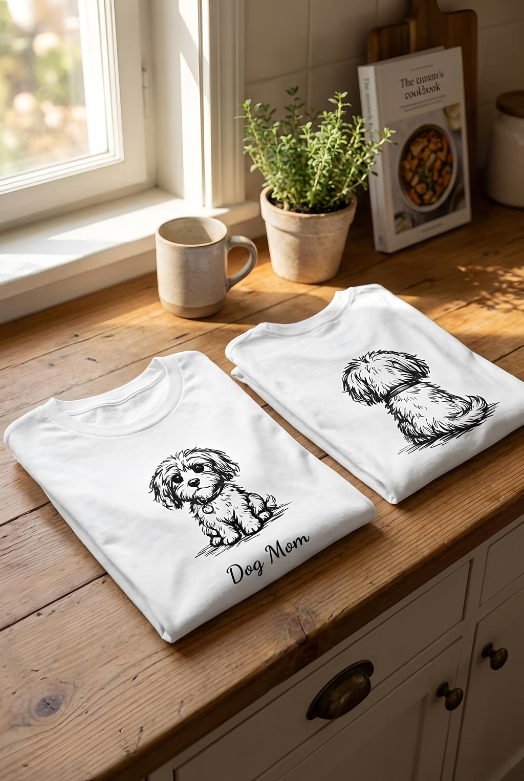 Two folded white t-shirts with dog illustrations on a wooden surface near a window.