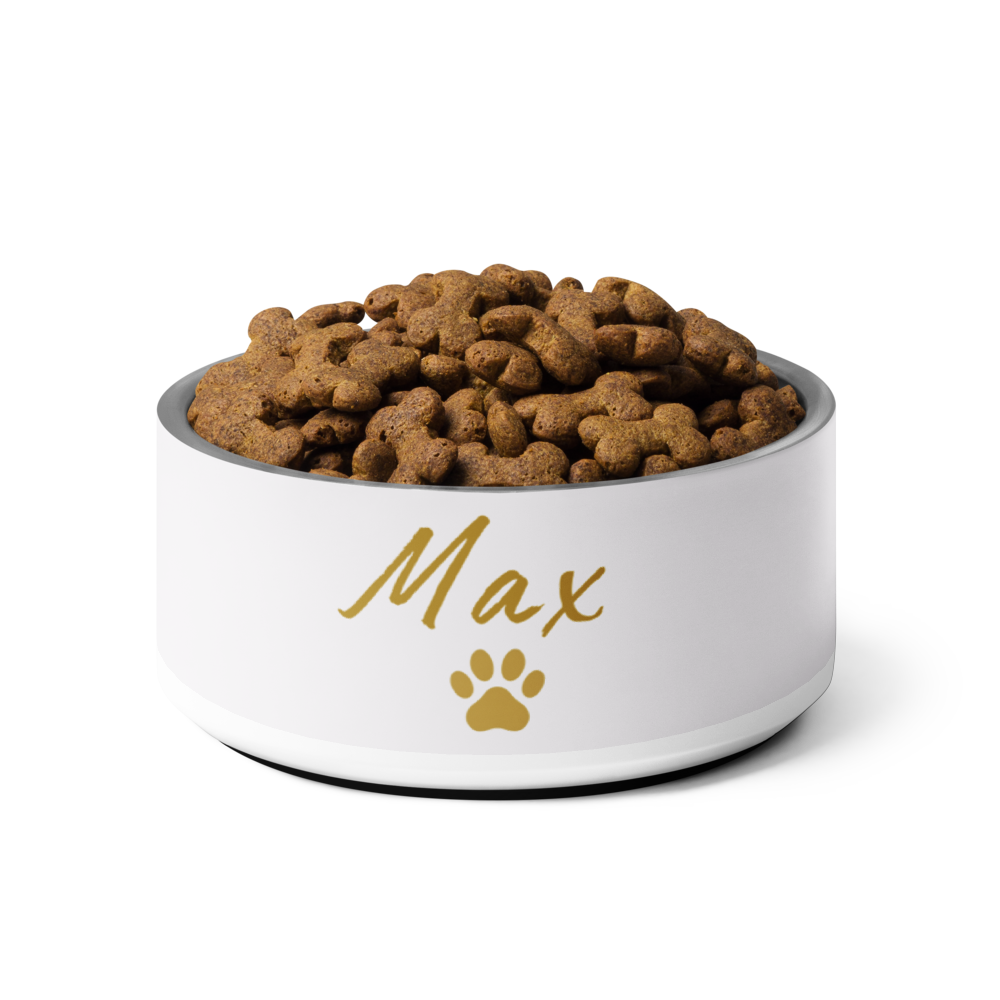 White pet bowl with 'Max' and a paw print, filled with dog food on a white background