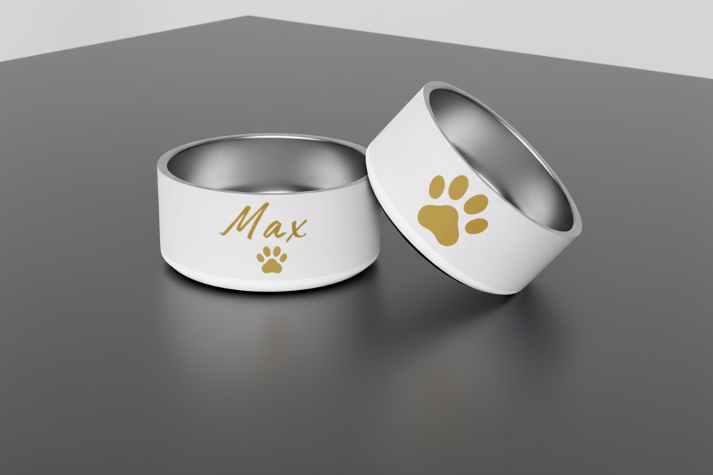 Pet bowl set with 'Max' and paw print design on a wooden surface.