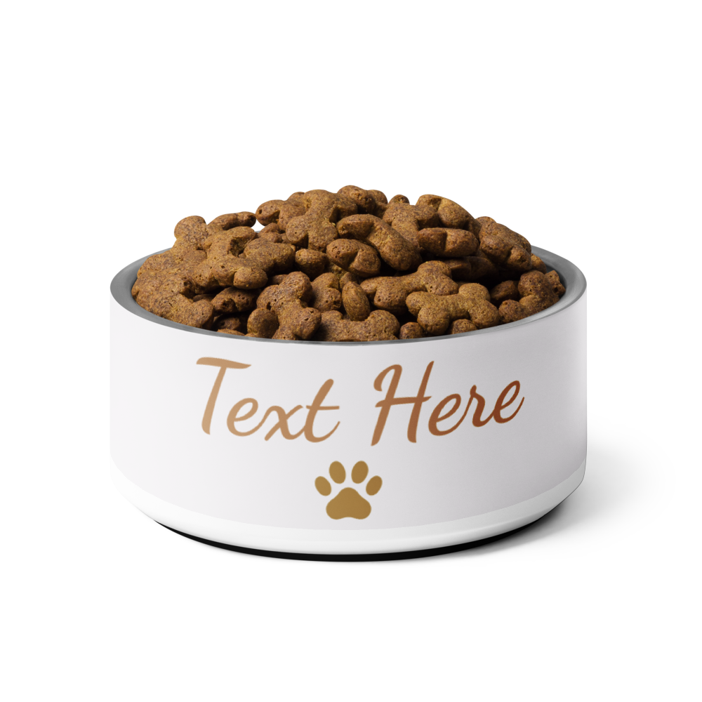 Personalized Dog Bowl Pets Name, Ivory Whisper & Gold, Your Text Here & Paw