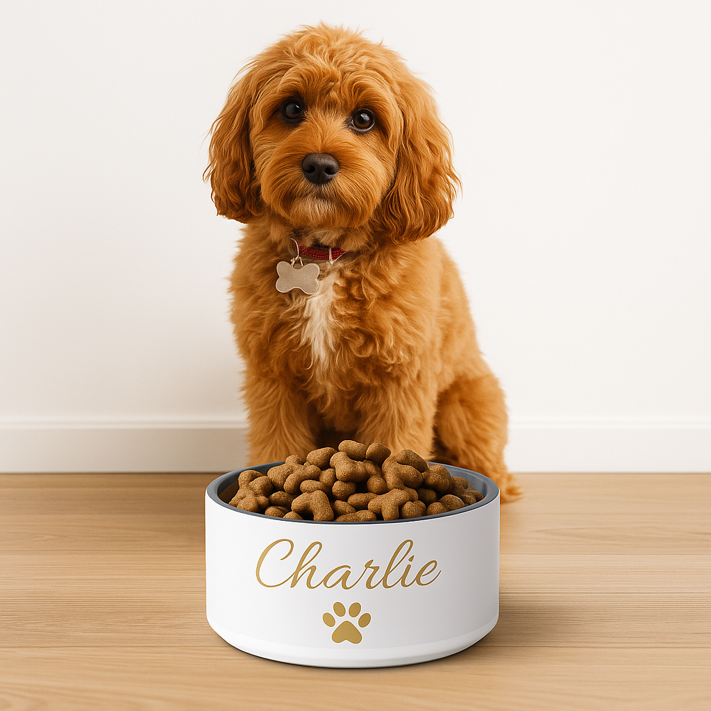 Custom Name Pet Bowl Set, Ivory Whisper & Gold, Luxury Pet Feeding Bowls, Charlie