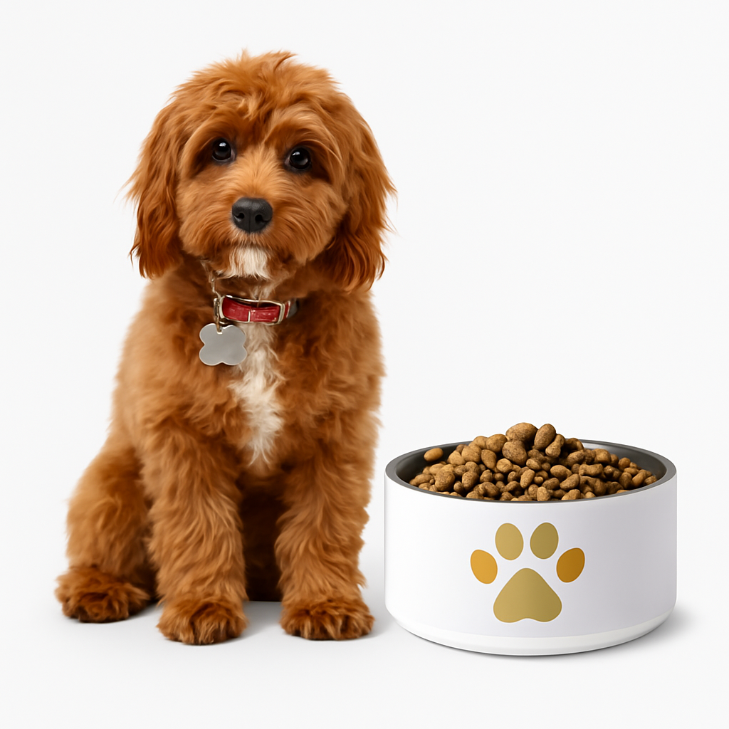 Brown dog sitting next to a luxury dog bowl of kibble on a white background