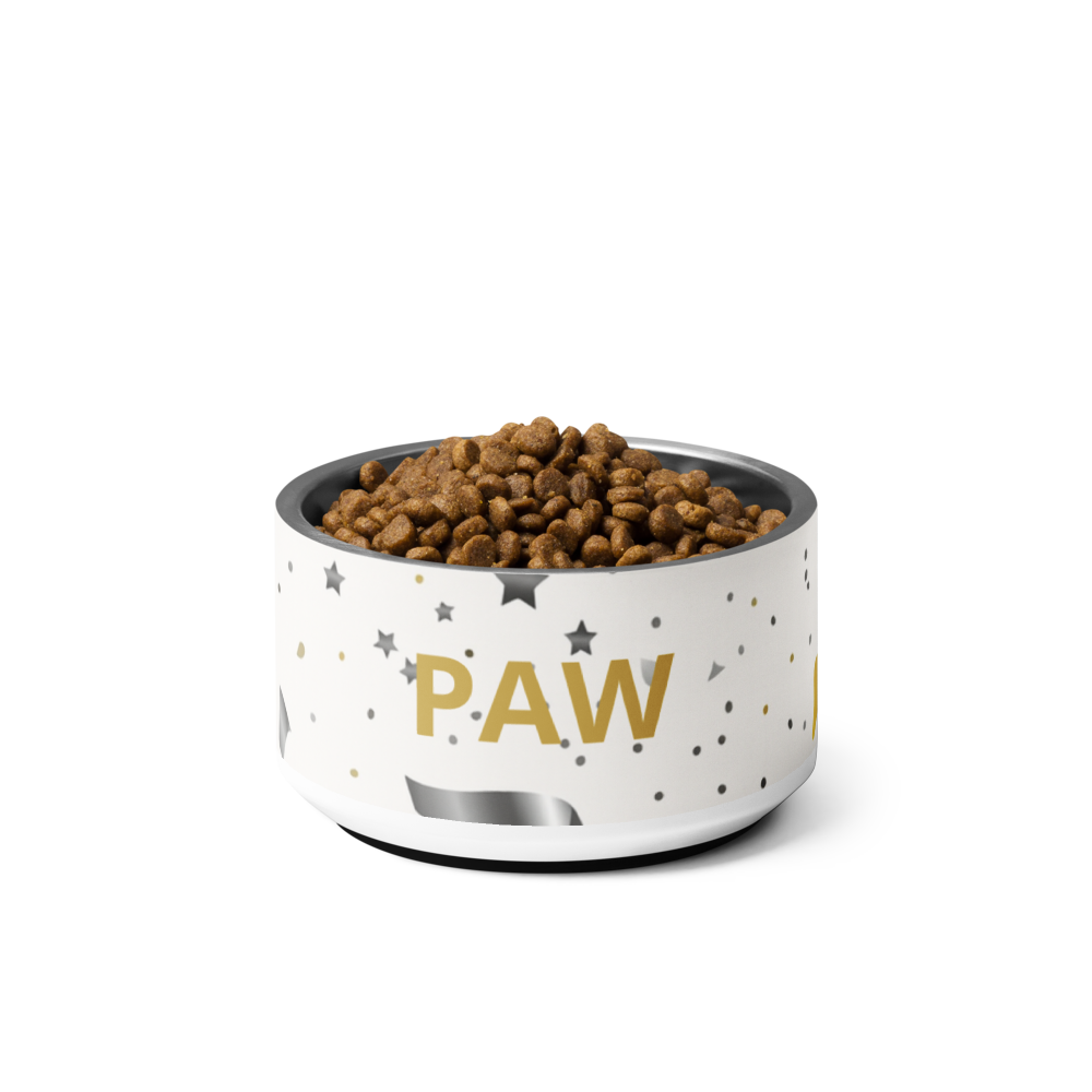 Stainless Steel Dog Bowl, Modern Pattern, “PAW”, Color Gold, 18 and 32 oz.