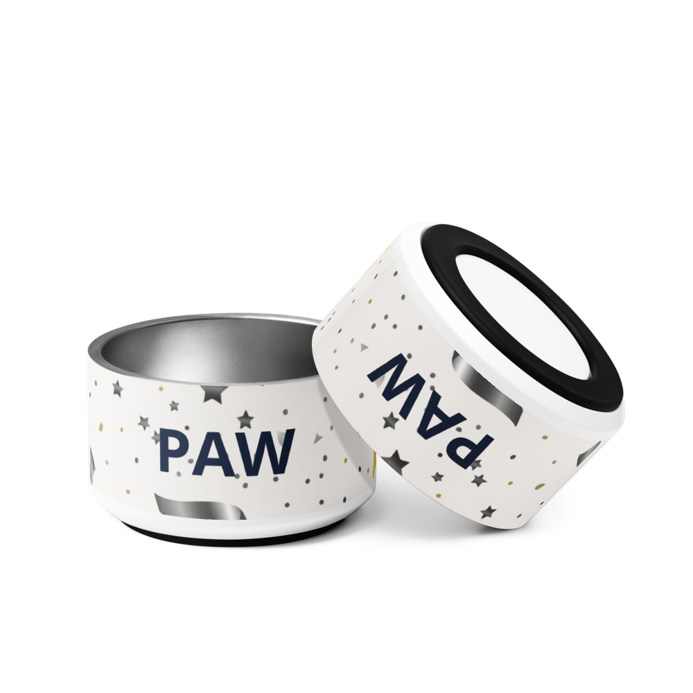 Stainless Steel Dog Bowl, Modern Pattern Gold and Silver , “PAW”, 18 and 32 oz.