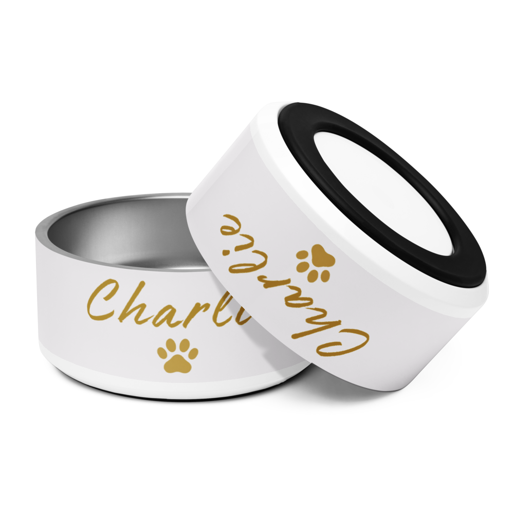 Custom Name Pet Bowl Set, Ivory Whisper & Gold, Luxury Pet Feeding Bowls, Charlie
