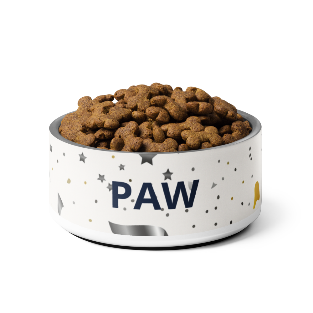 Stainless Steel Dog Bowl, Modern Pattern Gold and Silver , “PAW”, 18 and 32 oz.