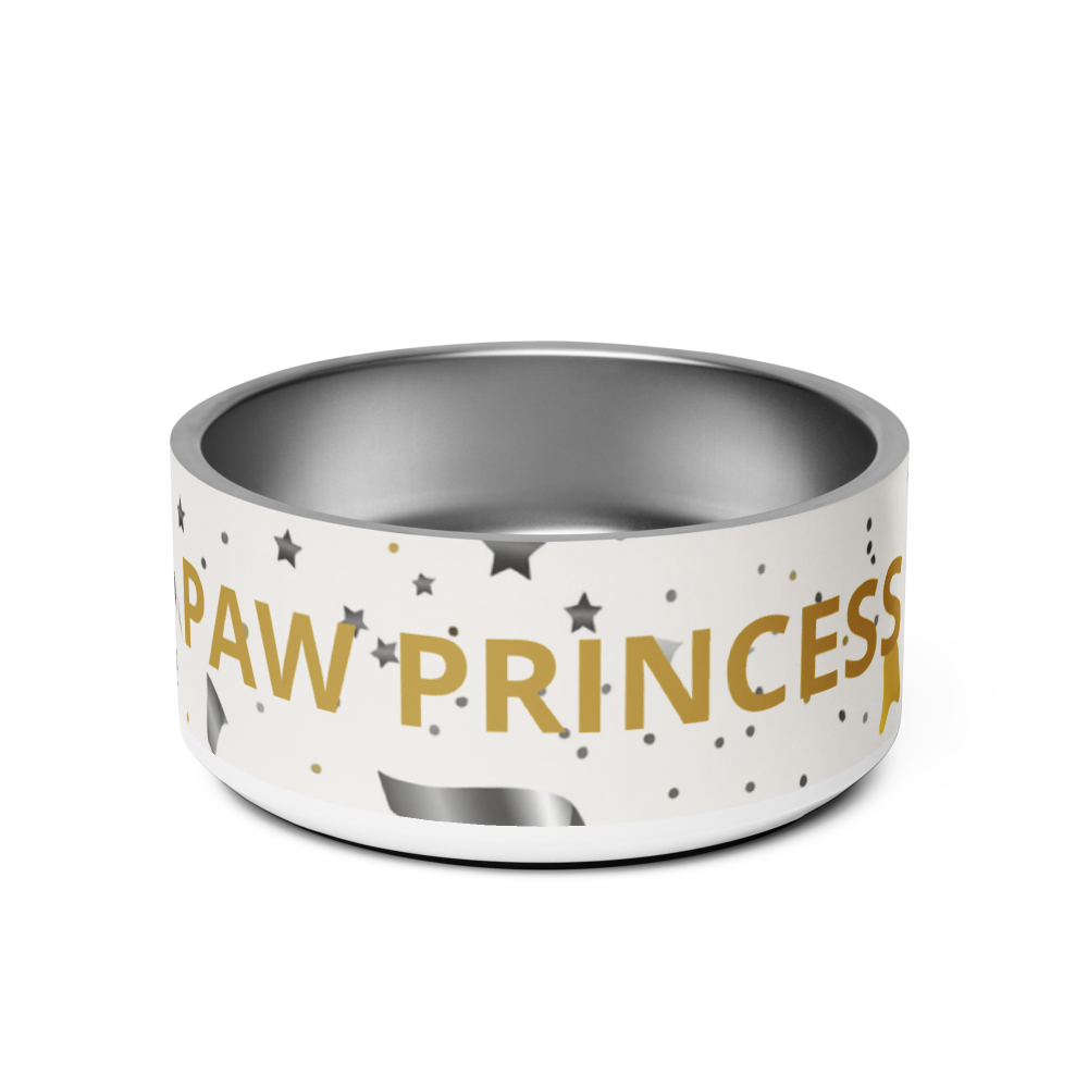 Stainless Steel Dog Bowl, Modern Pattern, “PAW PRINCESS”, Gold, 18 and 32 oz.
