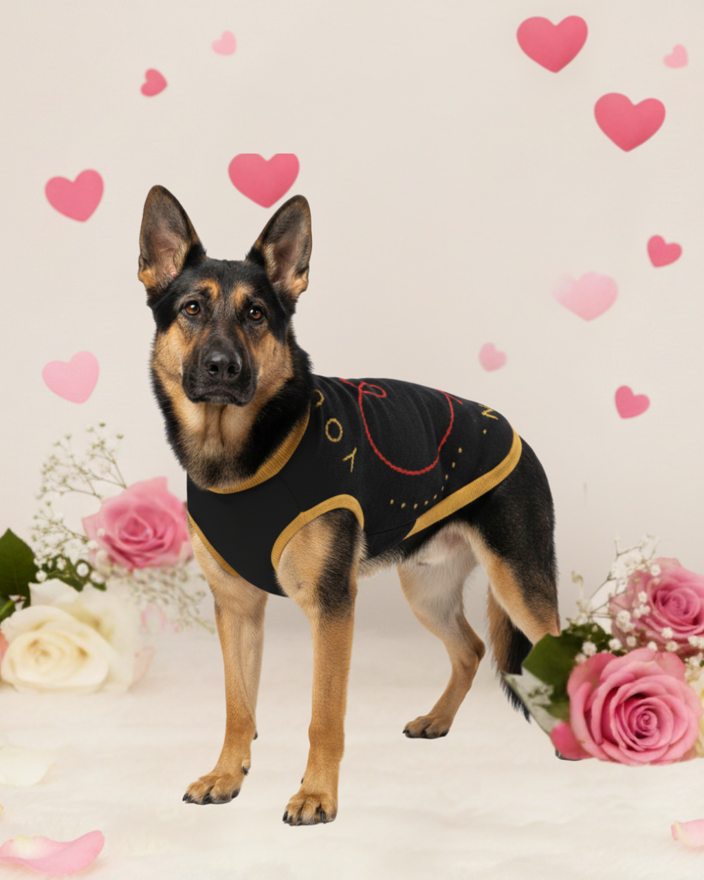 Dog wearing a black outfit with pink hearts and flowers on a light background