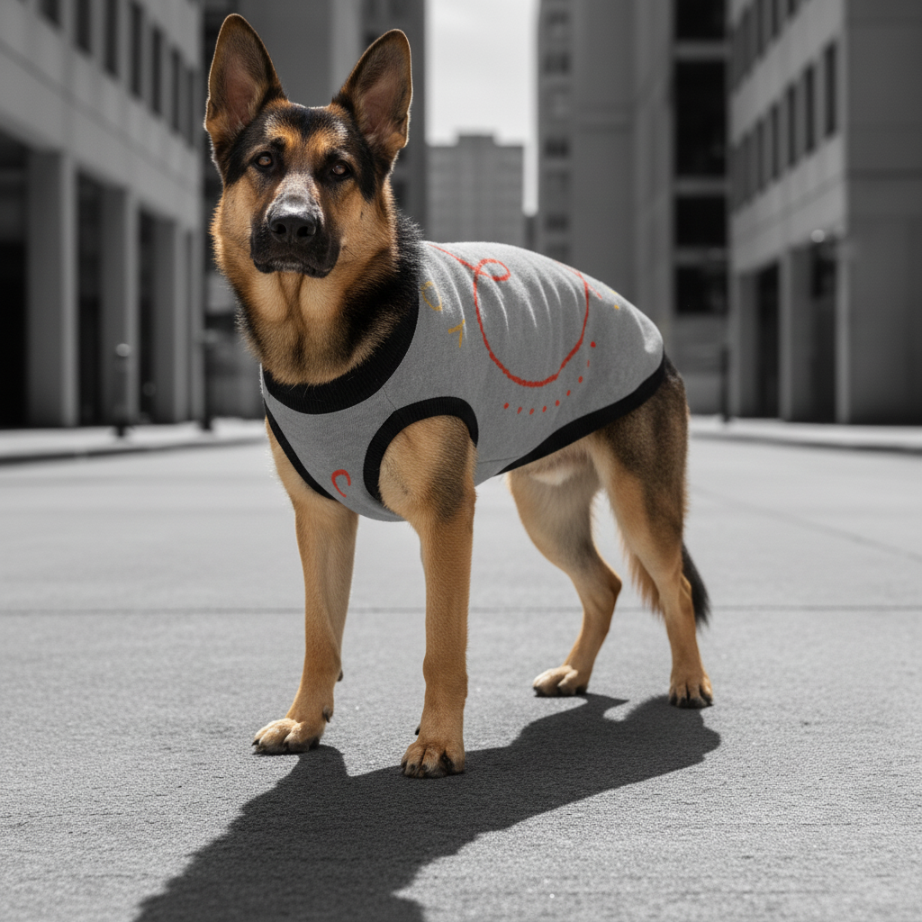 Dog wearing a gray shirt with black and orange accents on an urban street.