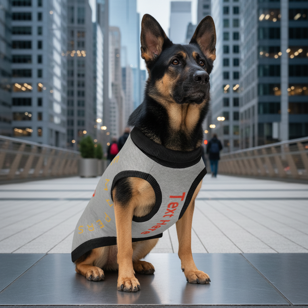 Dog wearing a gray sweater with text on a city street background