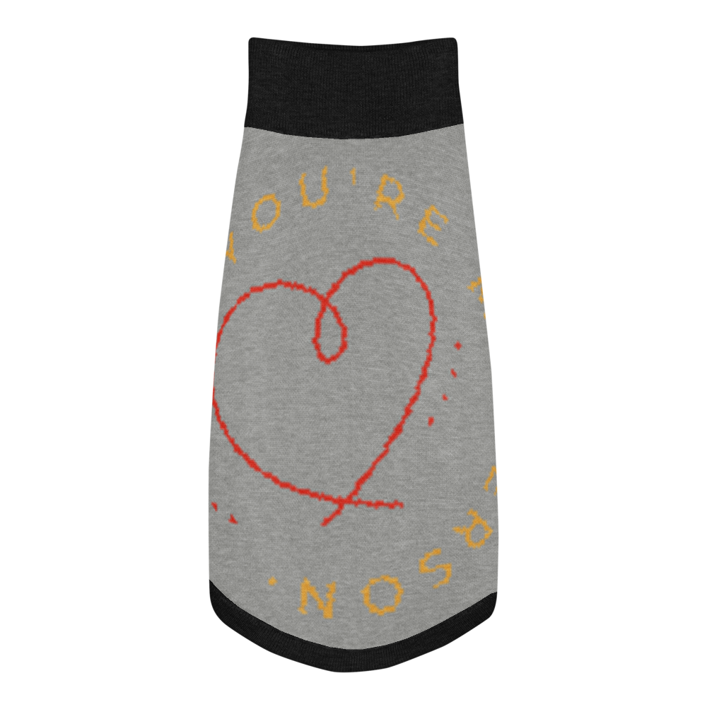 Gray dress with red heart and yellow text on a white background
