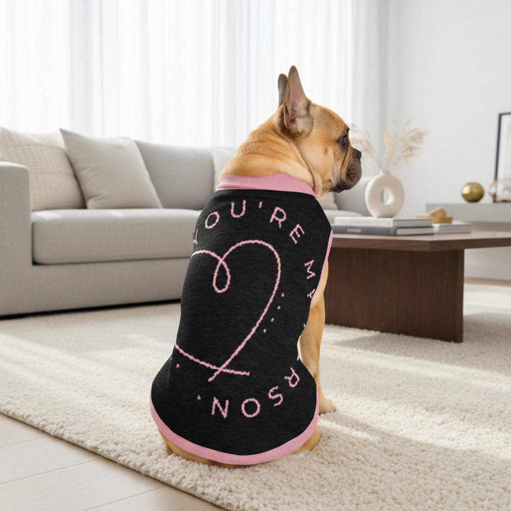 Dog wearing a black sweater with pink text in a living room