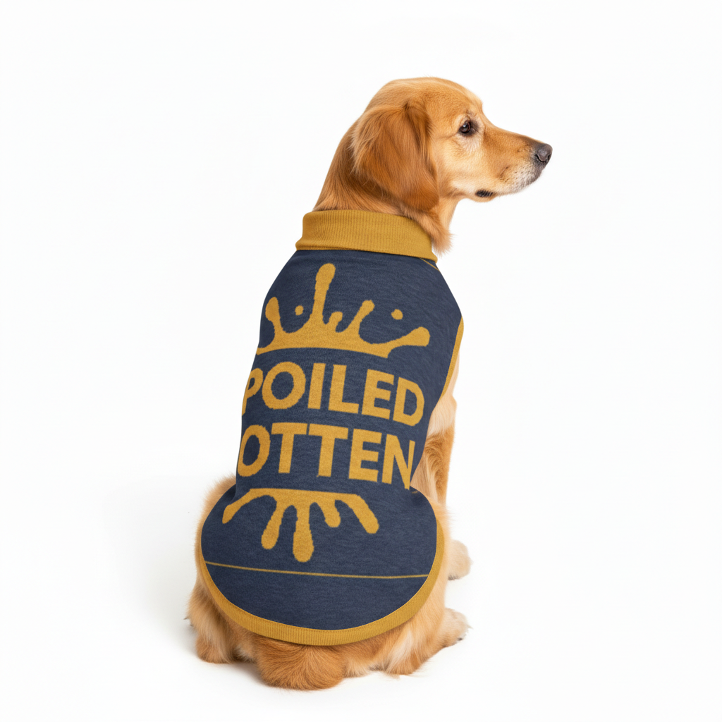 Dog wearing a blue sweater with yellow text and crown design on a white background