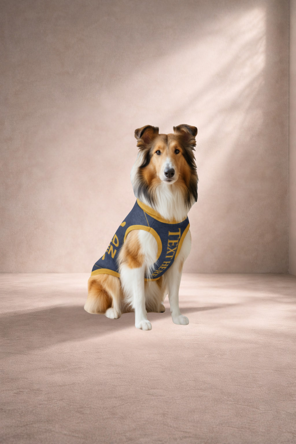 Dog wearing a sweater with text sitting on a plain background
