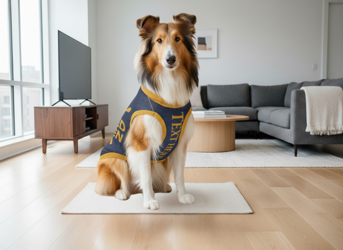 Dog wearing a blue and yellow vest in a modern living room