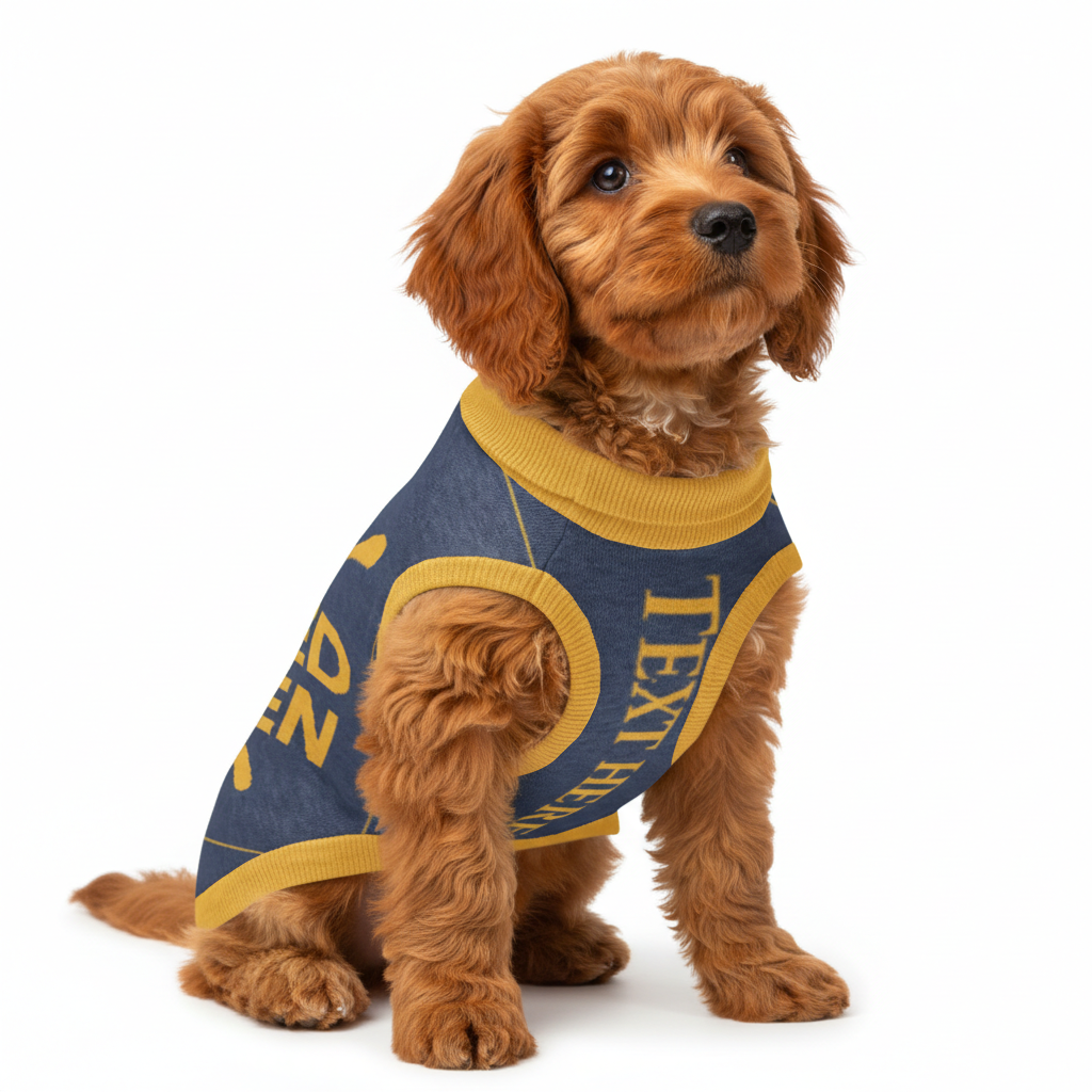Dog wearing a blue and yellow outfit with text on a white background