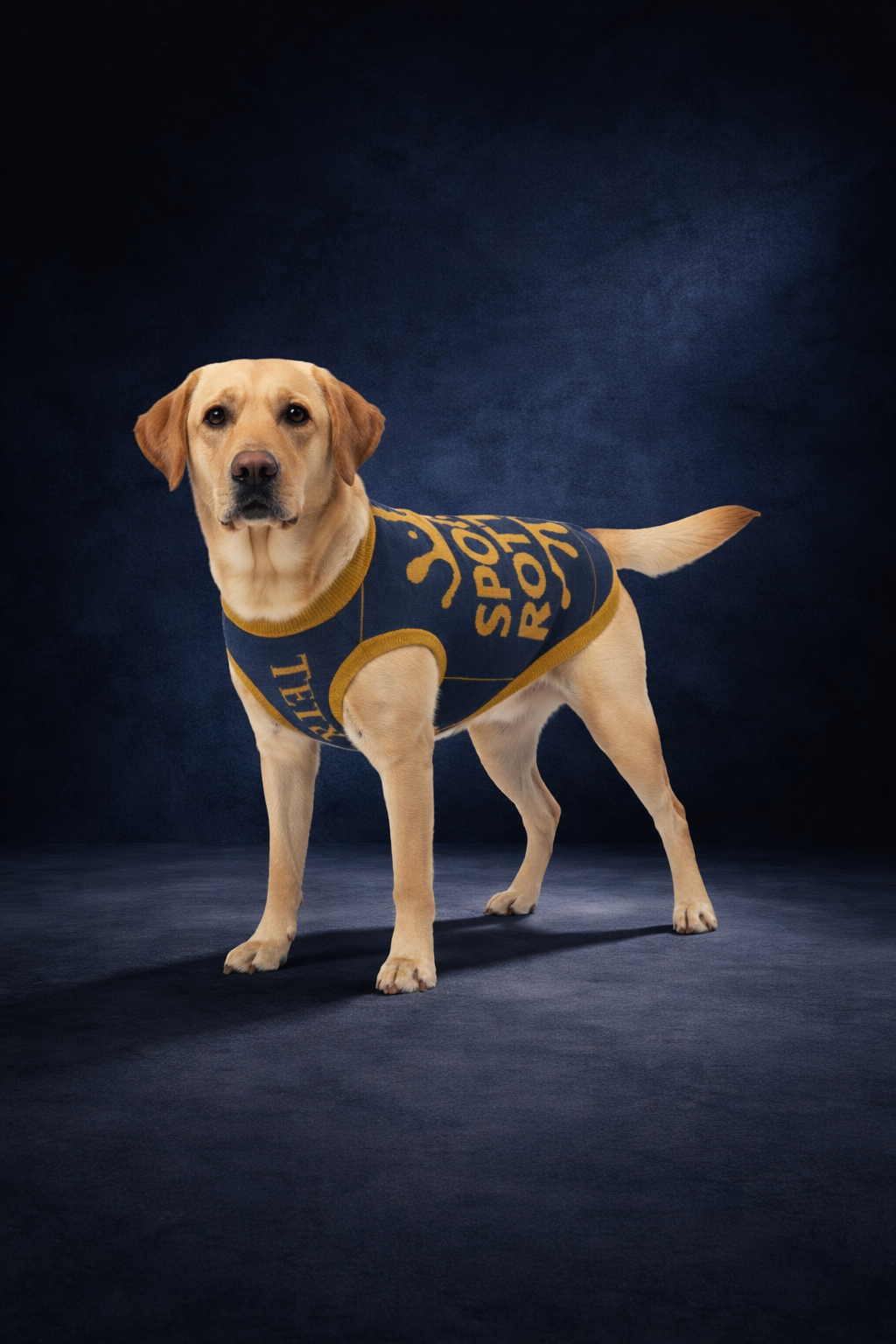 Dog wearing a blue and yellow outfit with text on a dark background