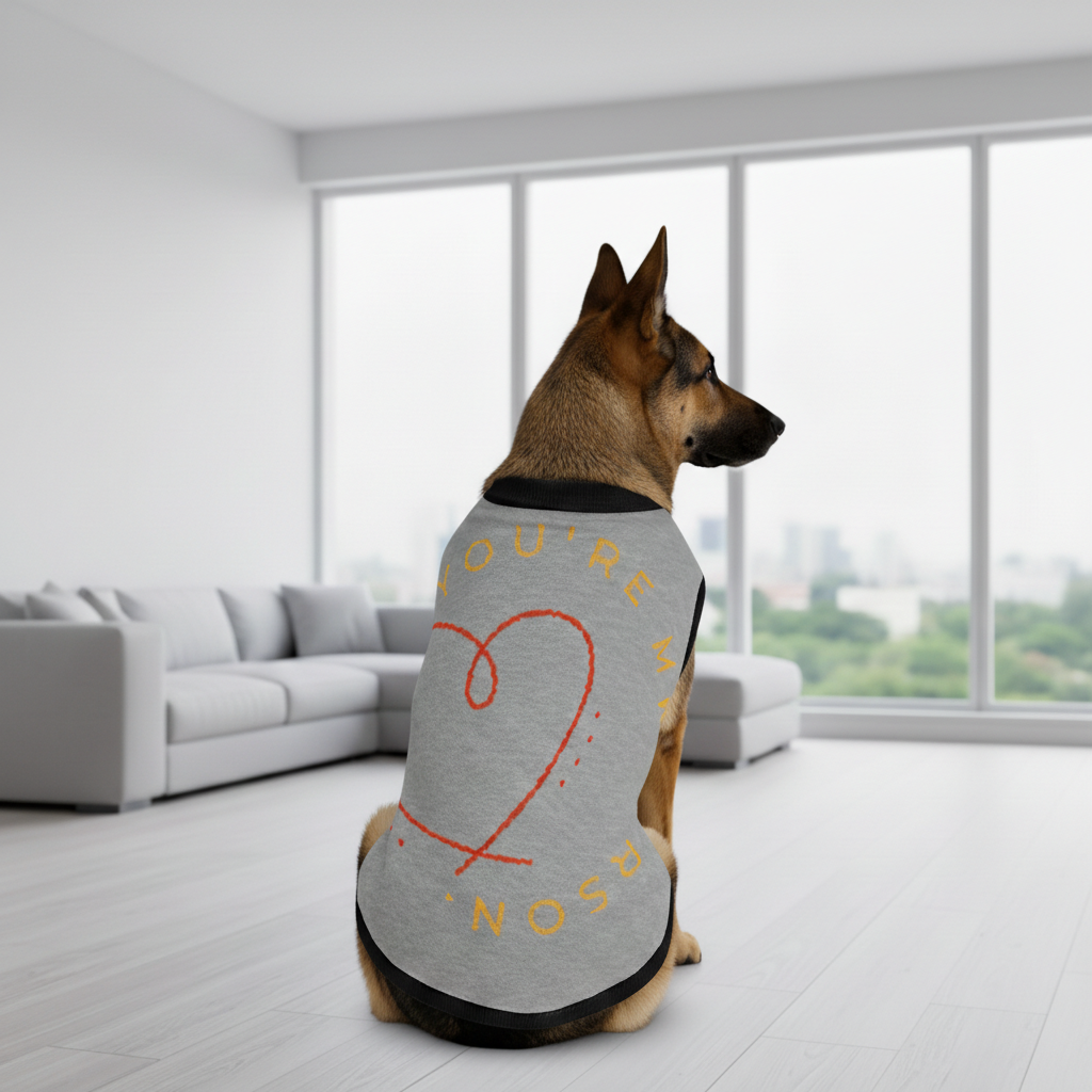 Dog wearing a gray shirt with text in a modern living room