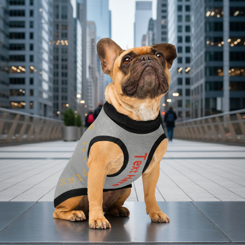 Dog wearing a gray sweater with text on a city street background
