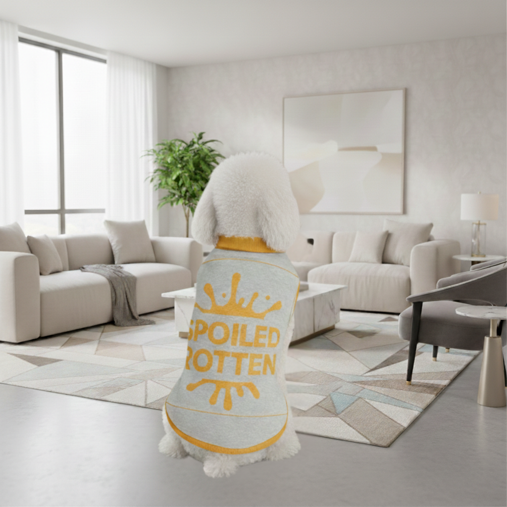 Dog wearing a 'Spoiled Rotten' sweater in a modern living room