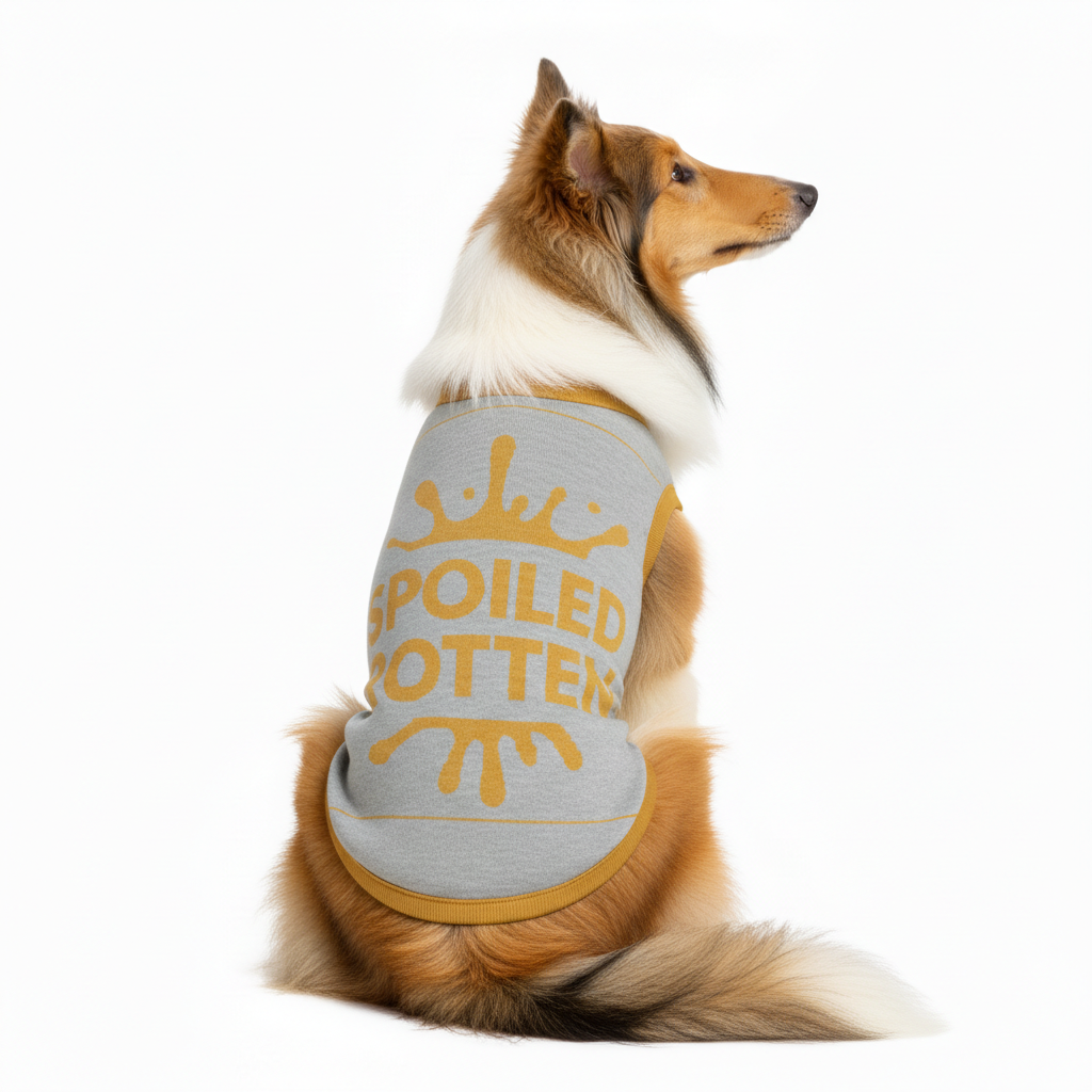 Dog wearing a 'Spoiled Potter' shirt on a white background