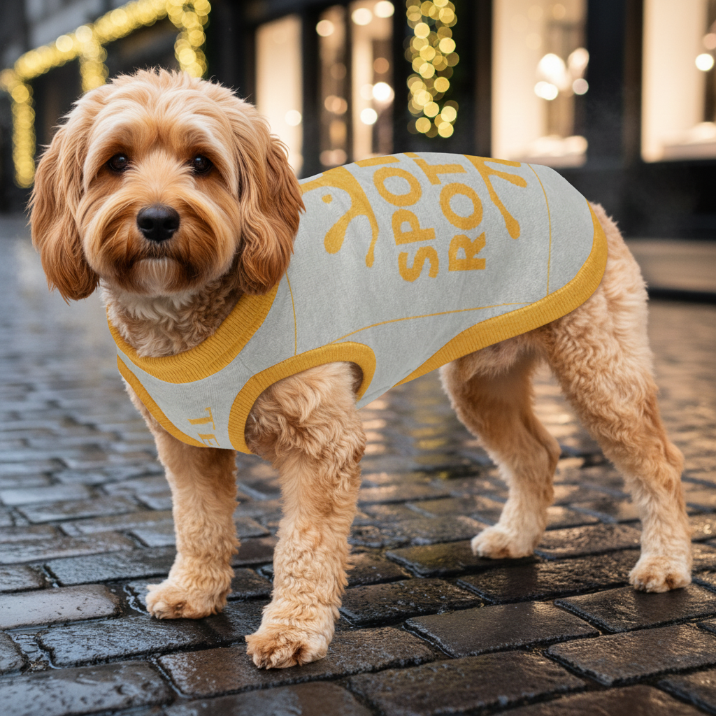 Dog wearing a light blue and yellow 'Spot Riot' shirt on a wet pavement.