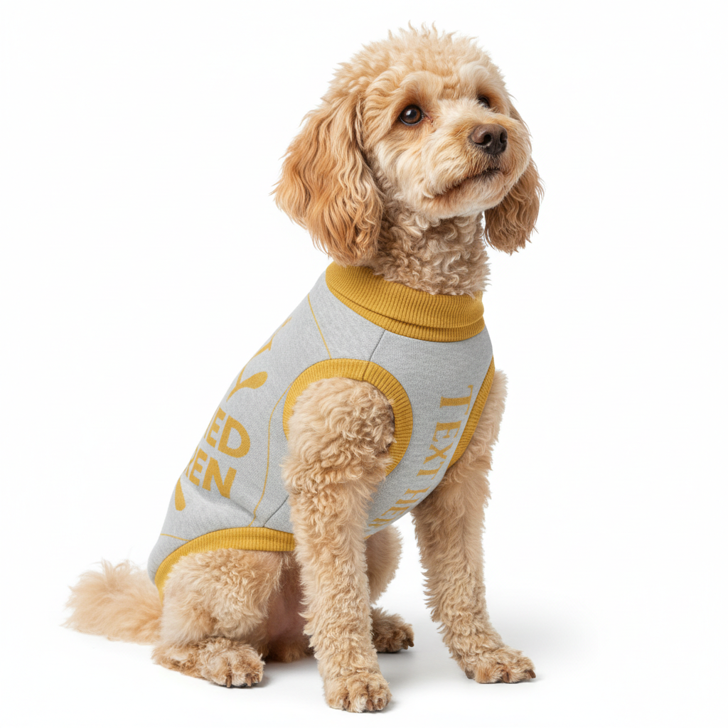 Dog wearing a gray and yellow sweater on a white background