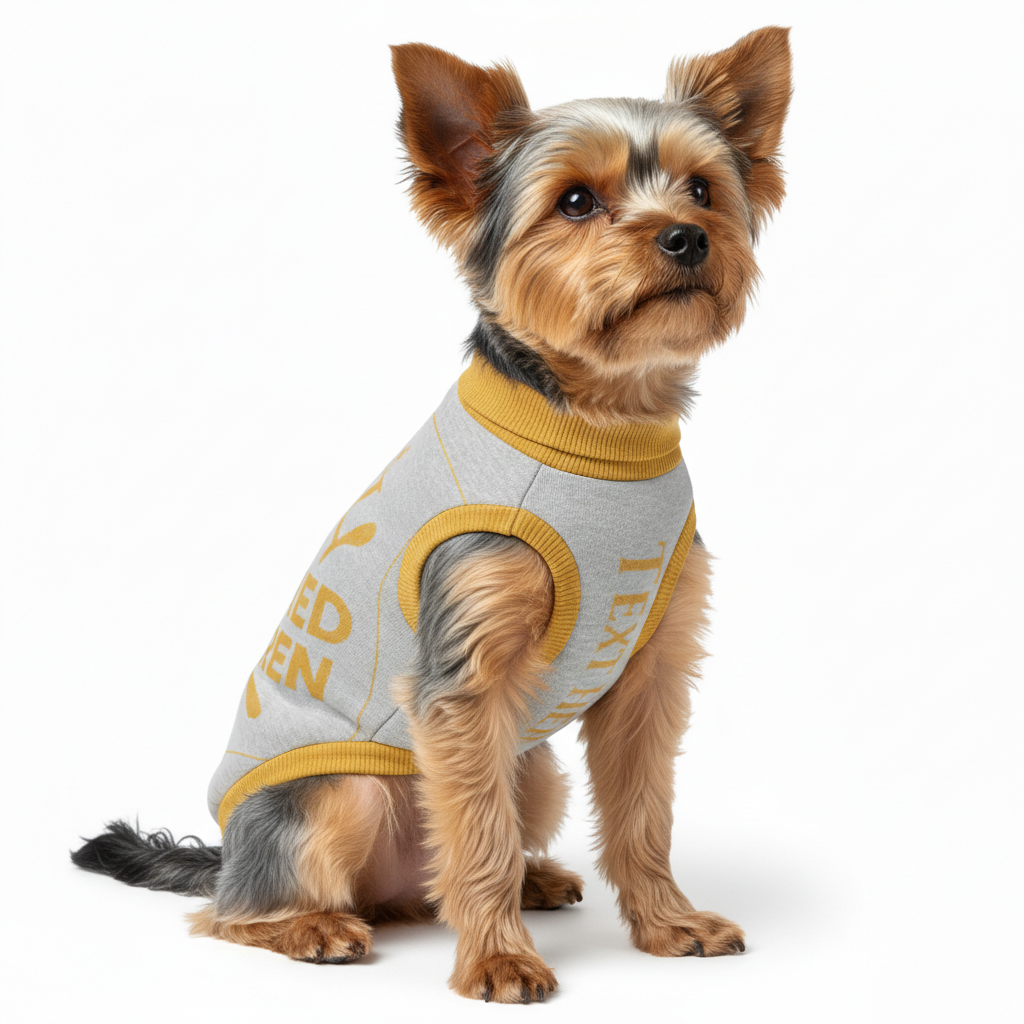 Small dog wearing a gray and yellow sweater on a white background