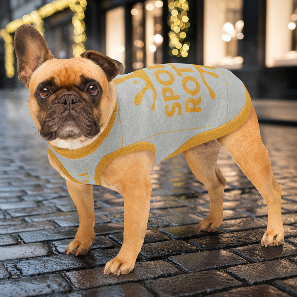 Small dog wearing a light blue sweater with yellow text on a cobblestone street.