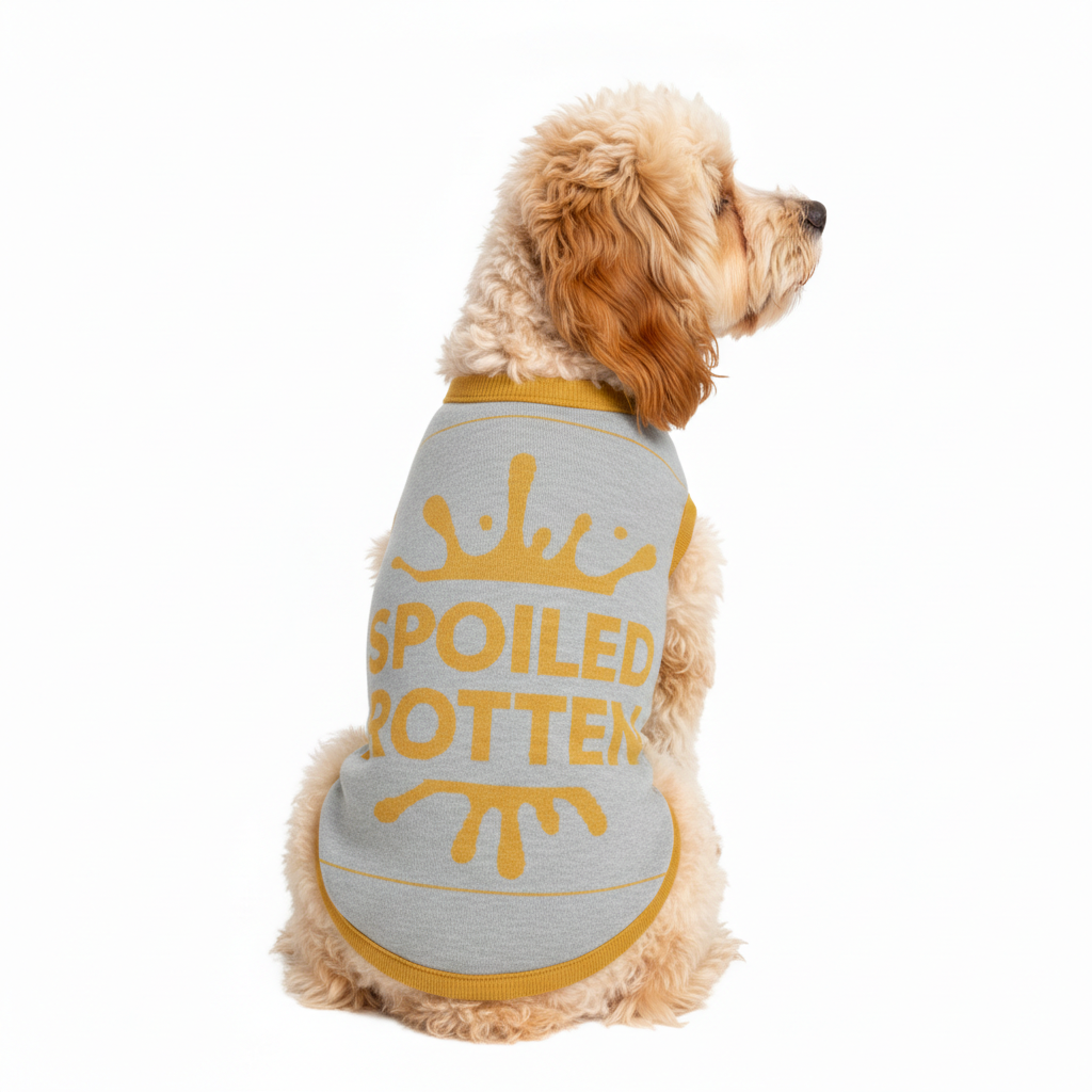 Dog wearing a gray and yellow 'Spoiled Rotten' shirt on a white background