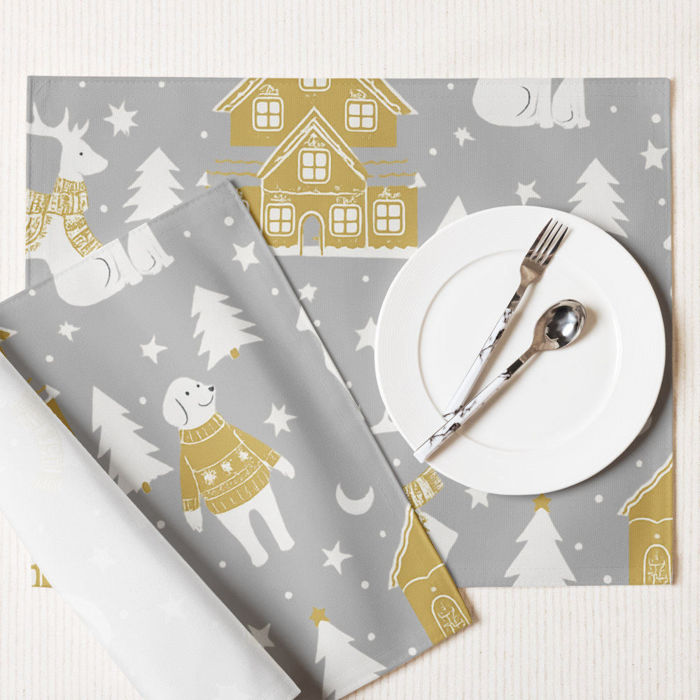 Personalize Festive holiday placemats set of 4,Silver and Gold, Pet lovers
