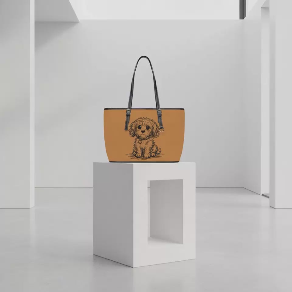 Hand-Drawn Puppy Tote PU Leather Shoulder Bag | Cute Dog Sketch