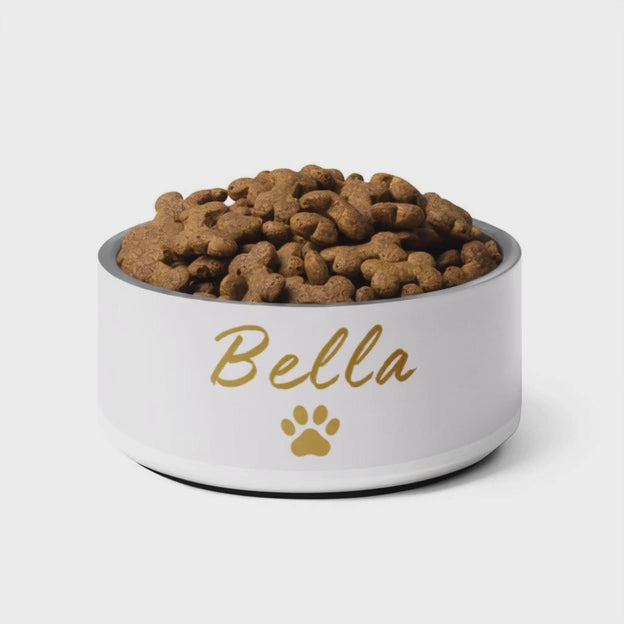 Custom Name Pet Bowl set, Ivory Whisper & Gold, Luxury Pet Feeding Bowls, Bella, 18 oz and 32 oz.