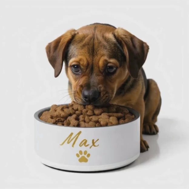 Custom Name Pet Bowl, Ivory Whisper & Gold, Luxury Pet Feeding Bowls, Max, 18 oz and 32 oz.