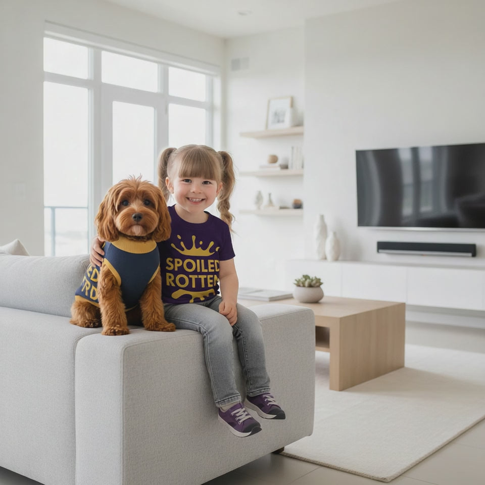 Personalized Dog sweater, Blue and Gold, Splashes with “SPOILED ROTTEN”, M, L, XL