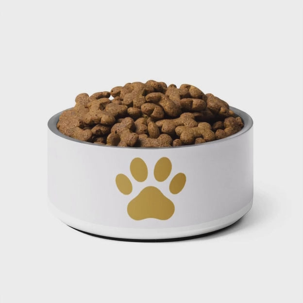 Custom Pet Bowl, Ivory Whisper & Gold, Luxury Pet Bowls, Paw Print, 18 oz and 32 oz.