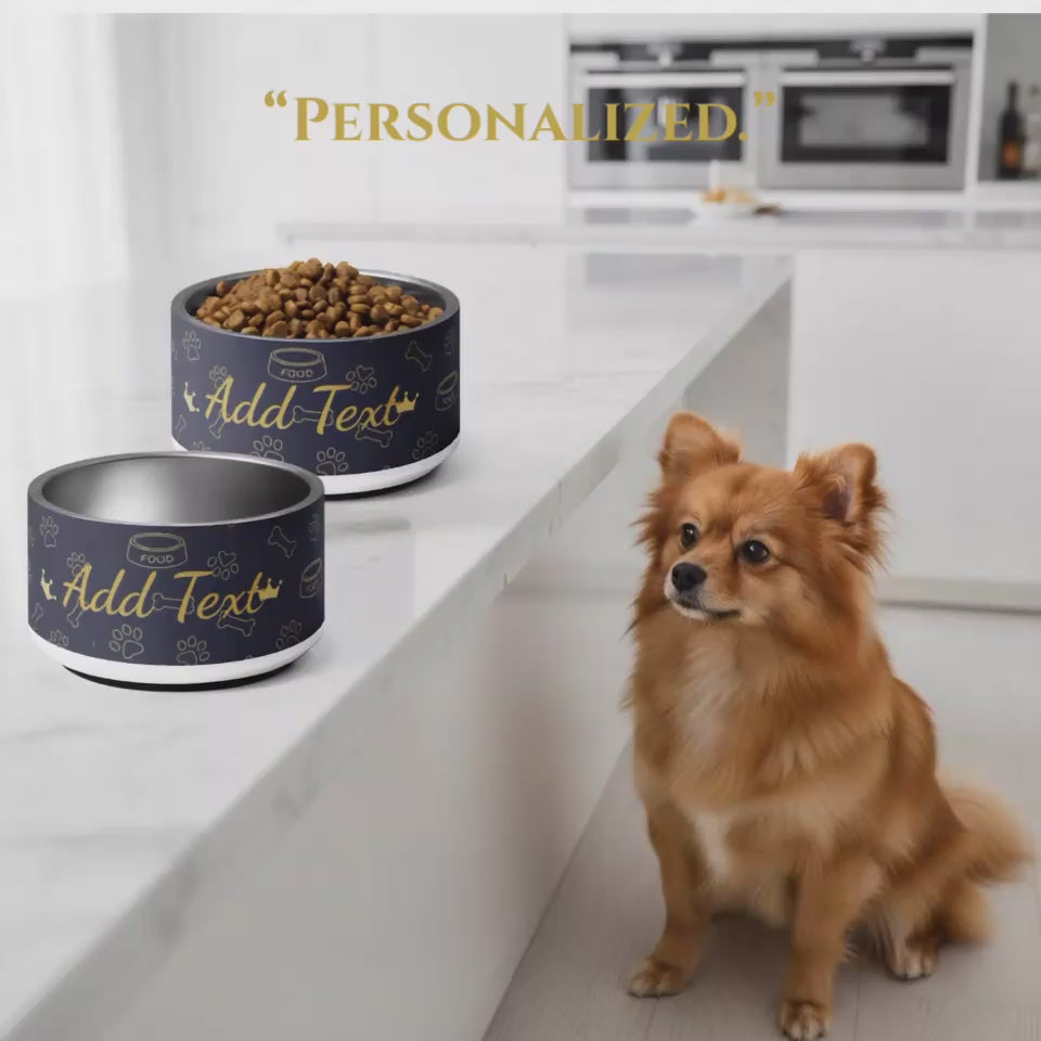 Personalized Dog Bowl Stainless Steel: Blue with Gold Pattens, 18 oz.