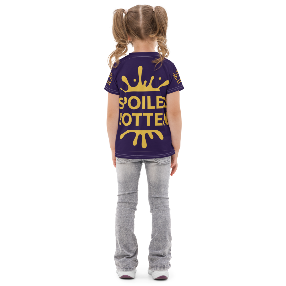 Child wearing a purple t-shirt with yellow text and logo on a white background
