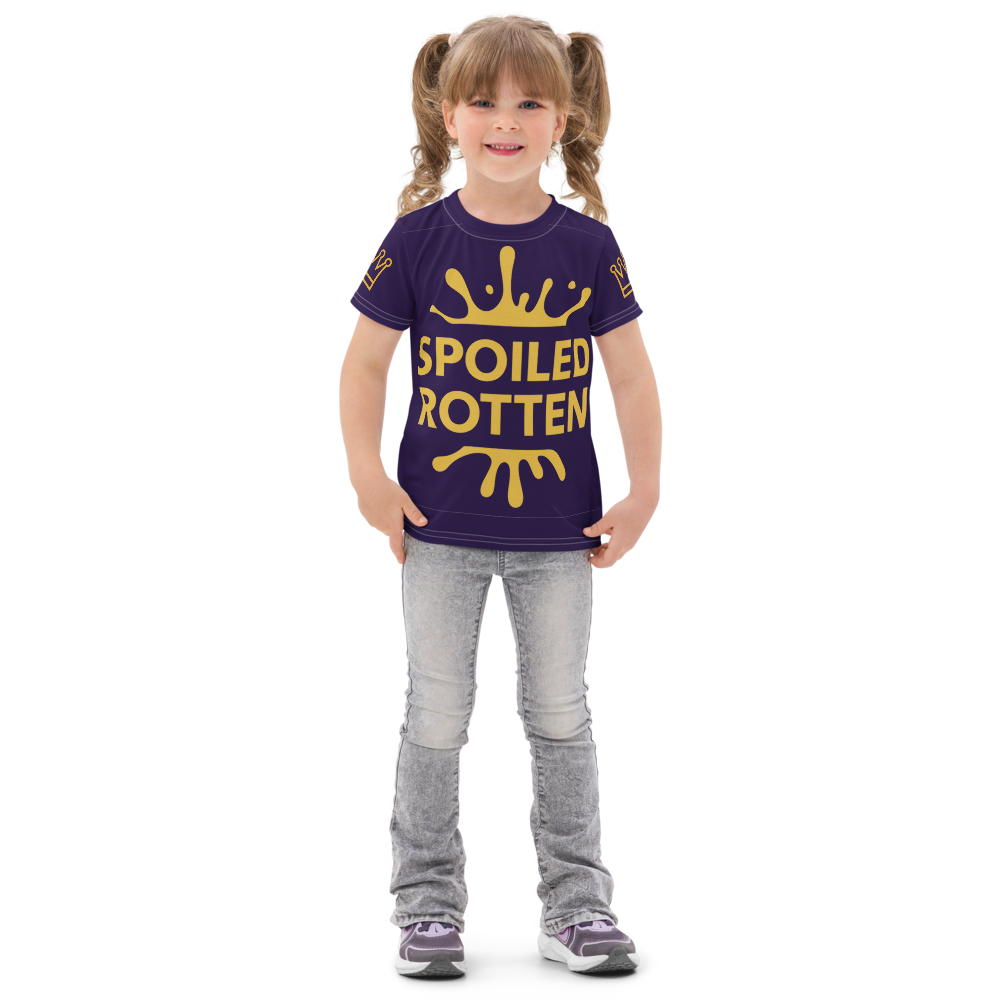 Child wearing a blue t-shirt with 'Spoiled Rotten' text and gold crown graphic on a white background