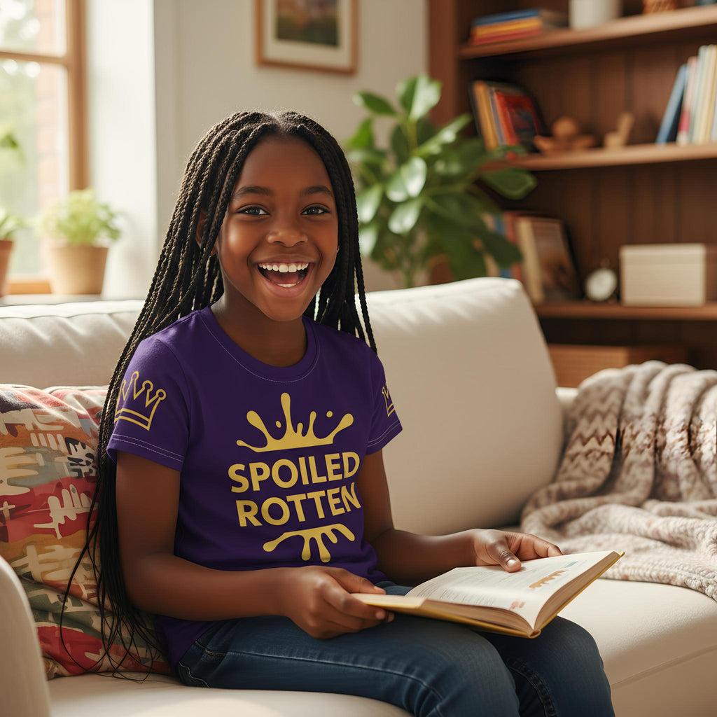 Child wearing a purple shirt with yellow text, sitting on a couch holding a book in a cozy living room.