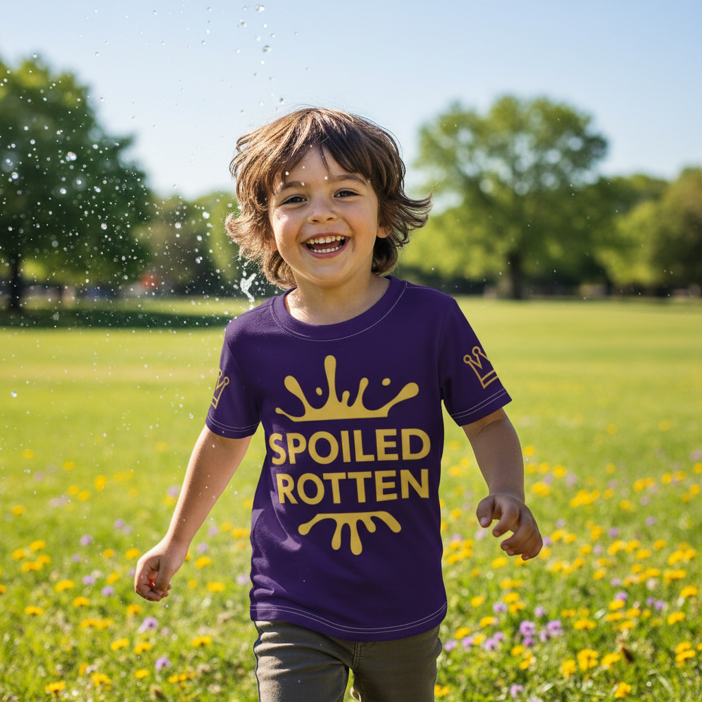 Child wearing a blue t-shirt with 'Spoiled Rotten' text in a field of flowers