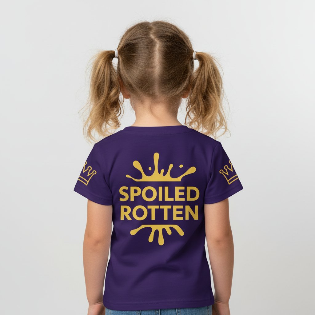 Child wearing a blue t-shirt with 'Spoiled Rotten' in gold text on a plain background