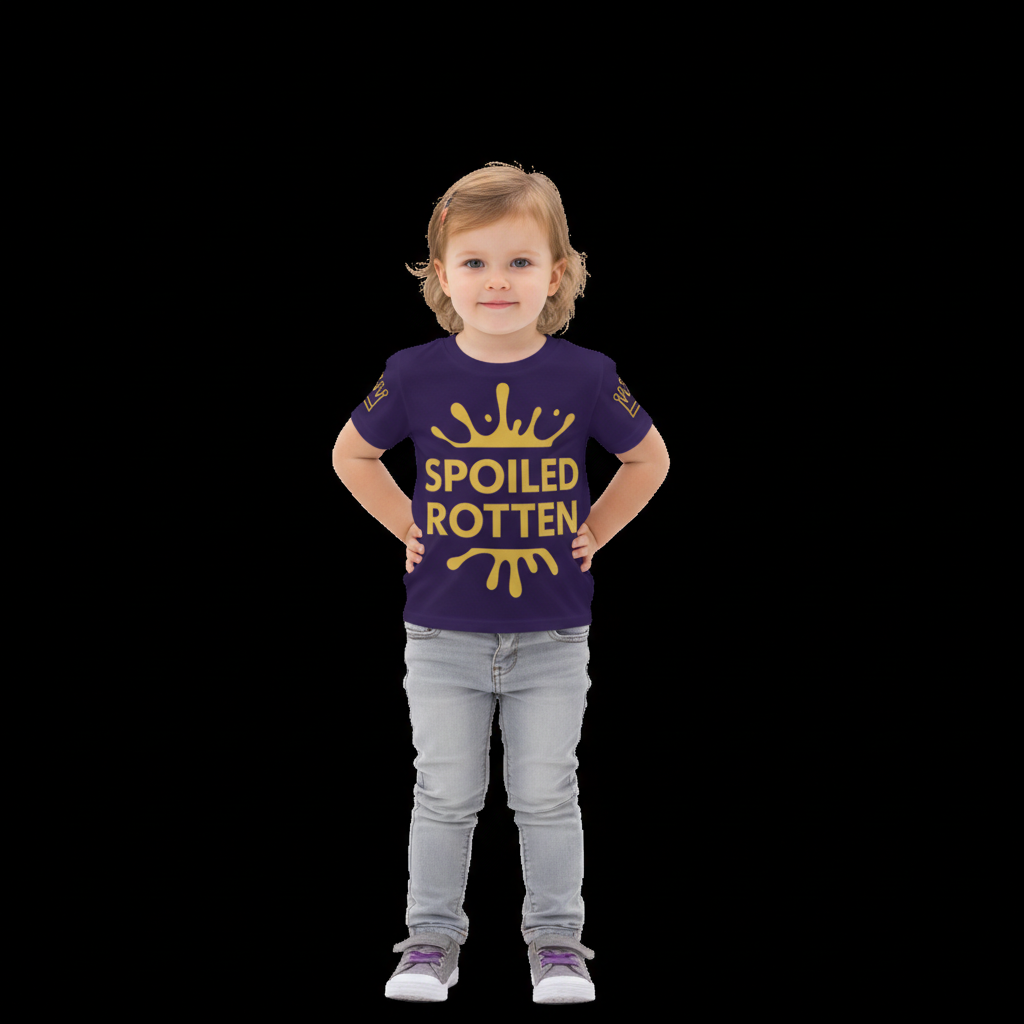 Child wearing a blue t-shirt with 'Spoiled Rotten' text on a white background