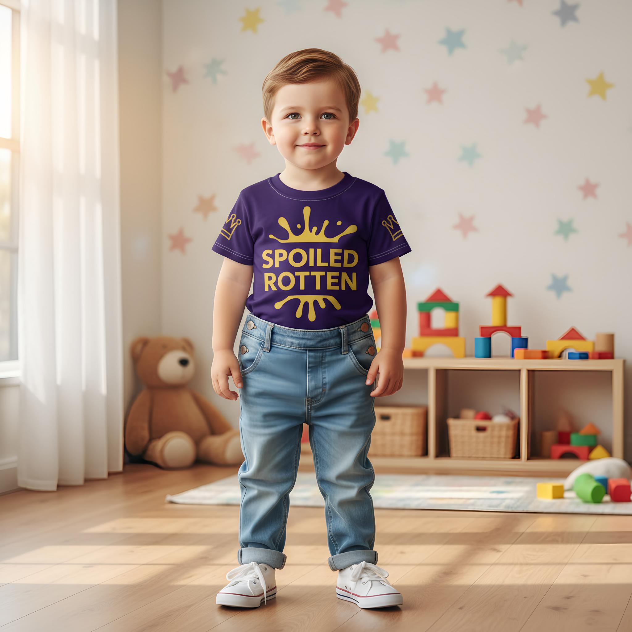 Child wearing a blue t-shirt with yellow text in a room with toys and a teddy bear.